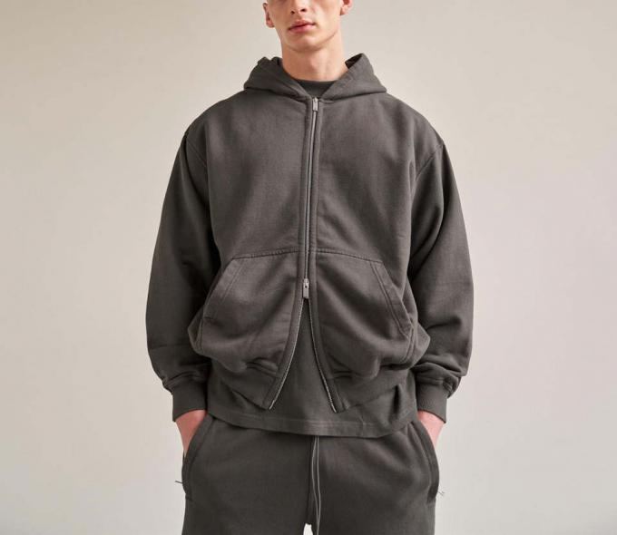 Reinfarbene Custom Logo Baumwolle Sportkleidung Männer Fleece Zip Up Hoodie Jacke 2