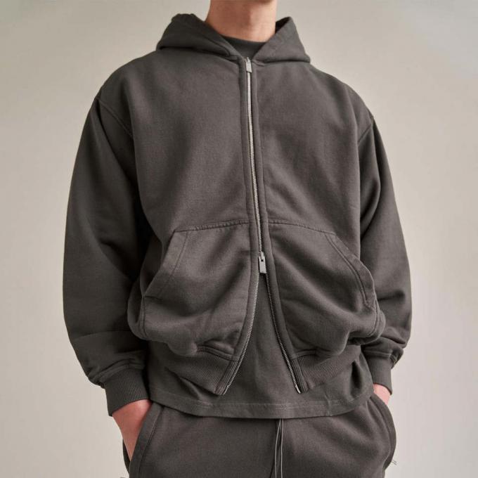 Reinfarbene Custom Logo Baumwolle Sportkleidung Männer Fleece Zip Up Hoodie Jacke 1
